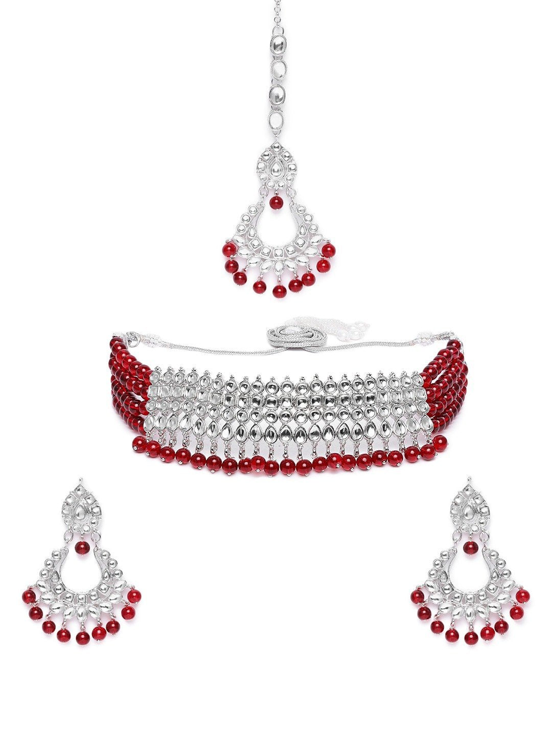 Women's Rhodium Plated Ethnic Maroon Kundan & Pearl Choker Necklace Set