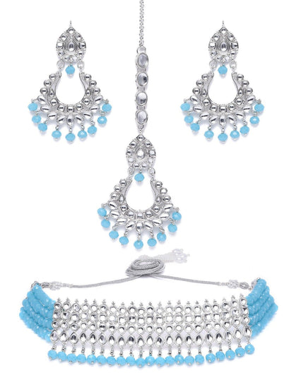 Women's Rhodium Plated Ethnic Turquoise Kundan & Pearl Choker Necklace Set