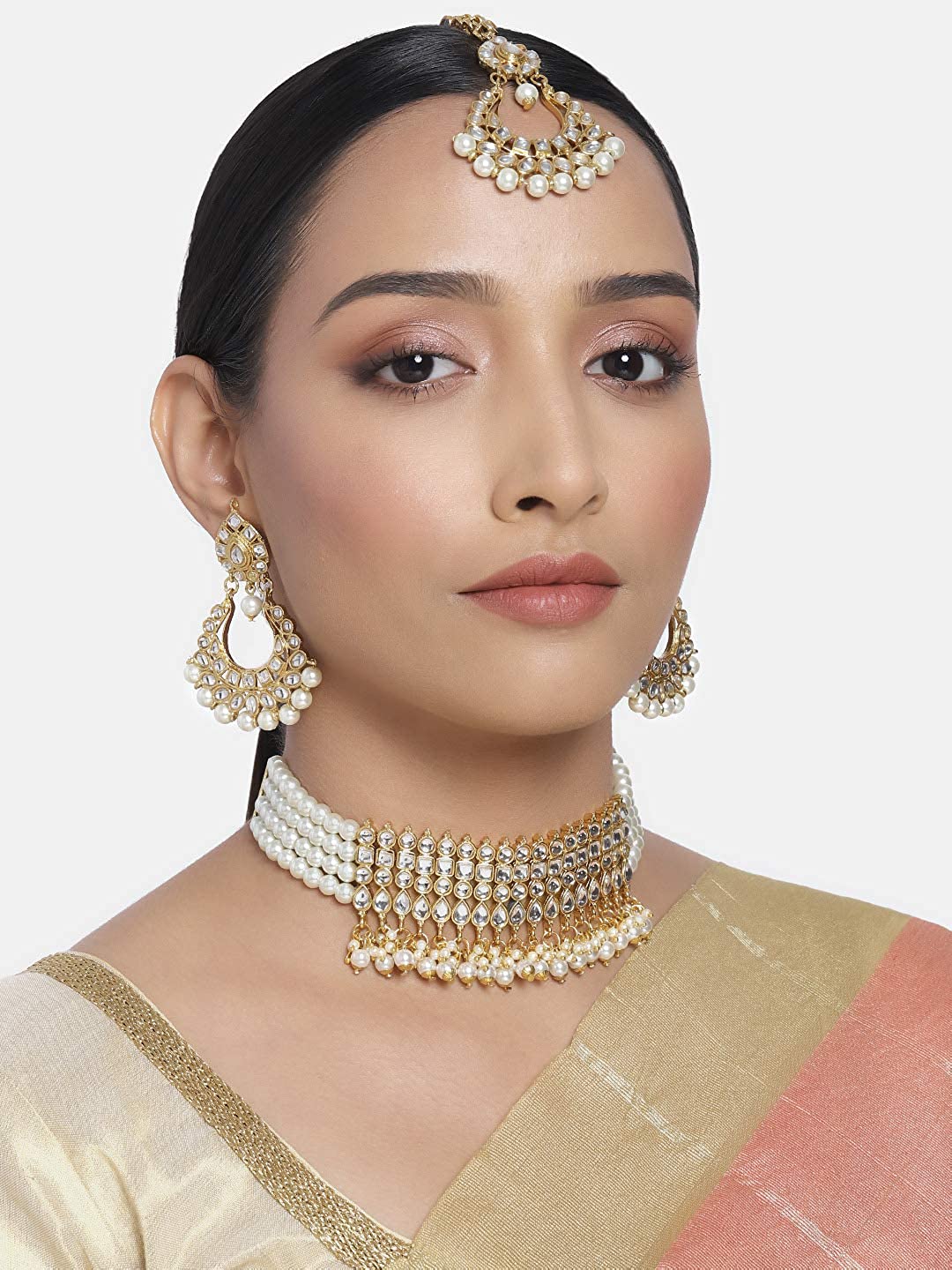 Women's Gold-Plated Studded White Kundan & Pearl Studded Choker Necklace Set