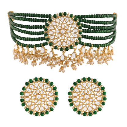 Women's Gold Plated Green Choker Set Glided With Kundan & Pearls