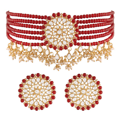 Women's Gold Plated Maroon Choker Set Glided With Kundan & Pearls