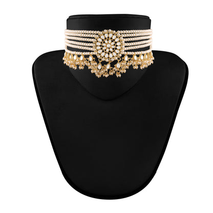 Women's Gold Plated White Choker Set Glided With Kundan & Pearls