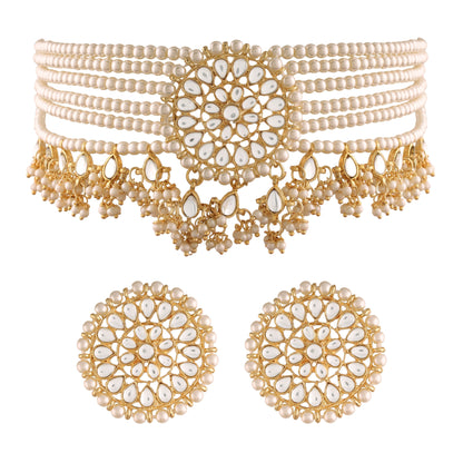 Women's Gold Plated White Choker Set Glided With Kundan & Pearls