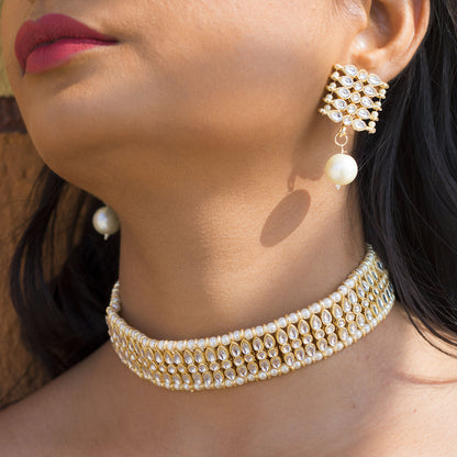 Women's 18K Gold Plated Traditional Kundan & Pearl Studded Choker Set