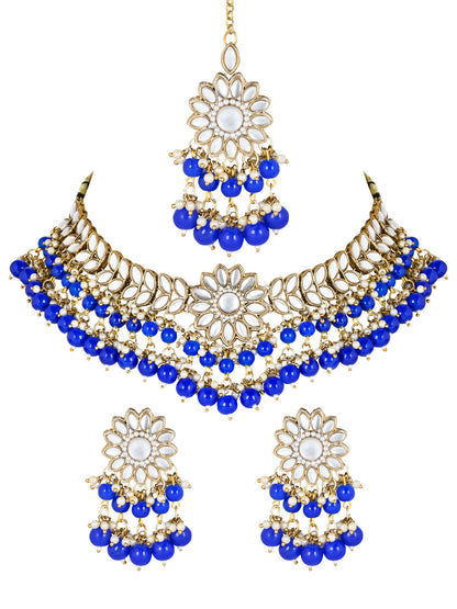 Women's 18K Gold Plated Traditional Kundan Studded Blue Pearl Hanging Choker Necklace Jewellery Set With Earrings & Maang Tikka