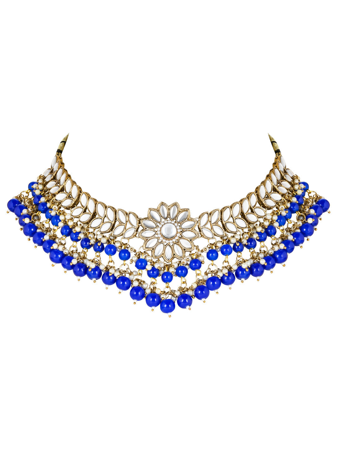 Women's 18K Gold Plated Traditional Kundan Studded Blue Pearl Hanging Choker Necklace Jewellery Set With Earrings & Maang Tikka