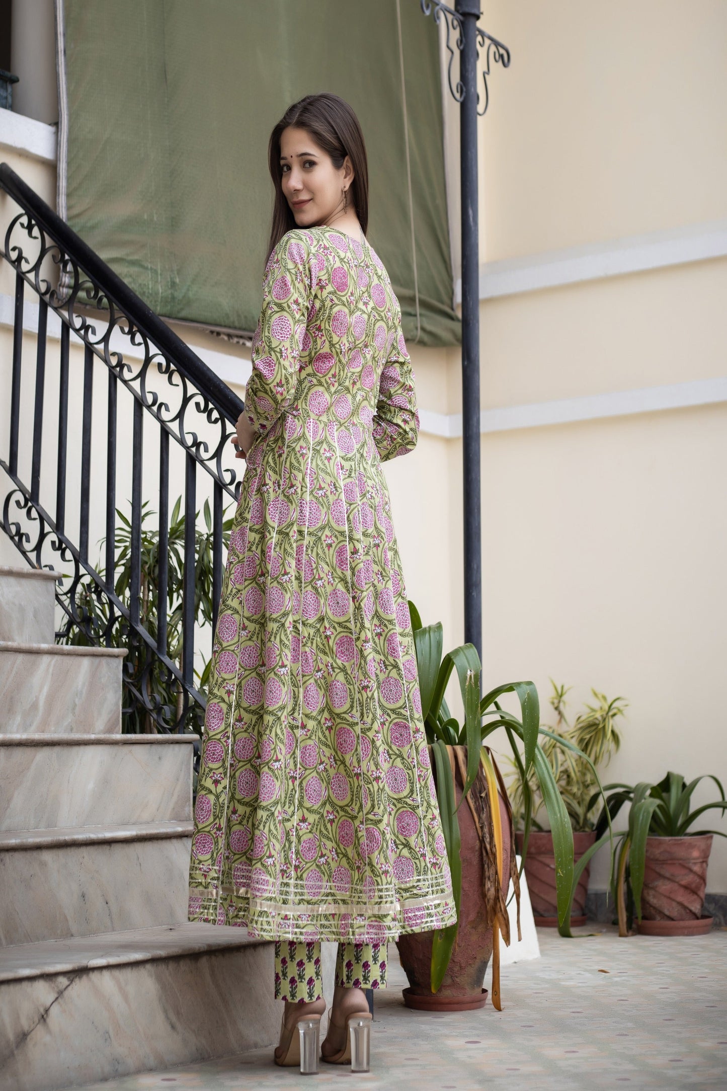 Women's Green Floral Anarkali Kurta Pant Set