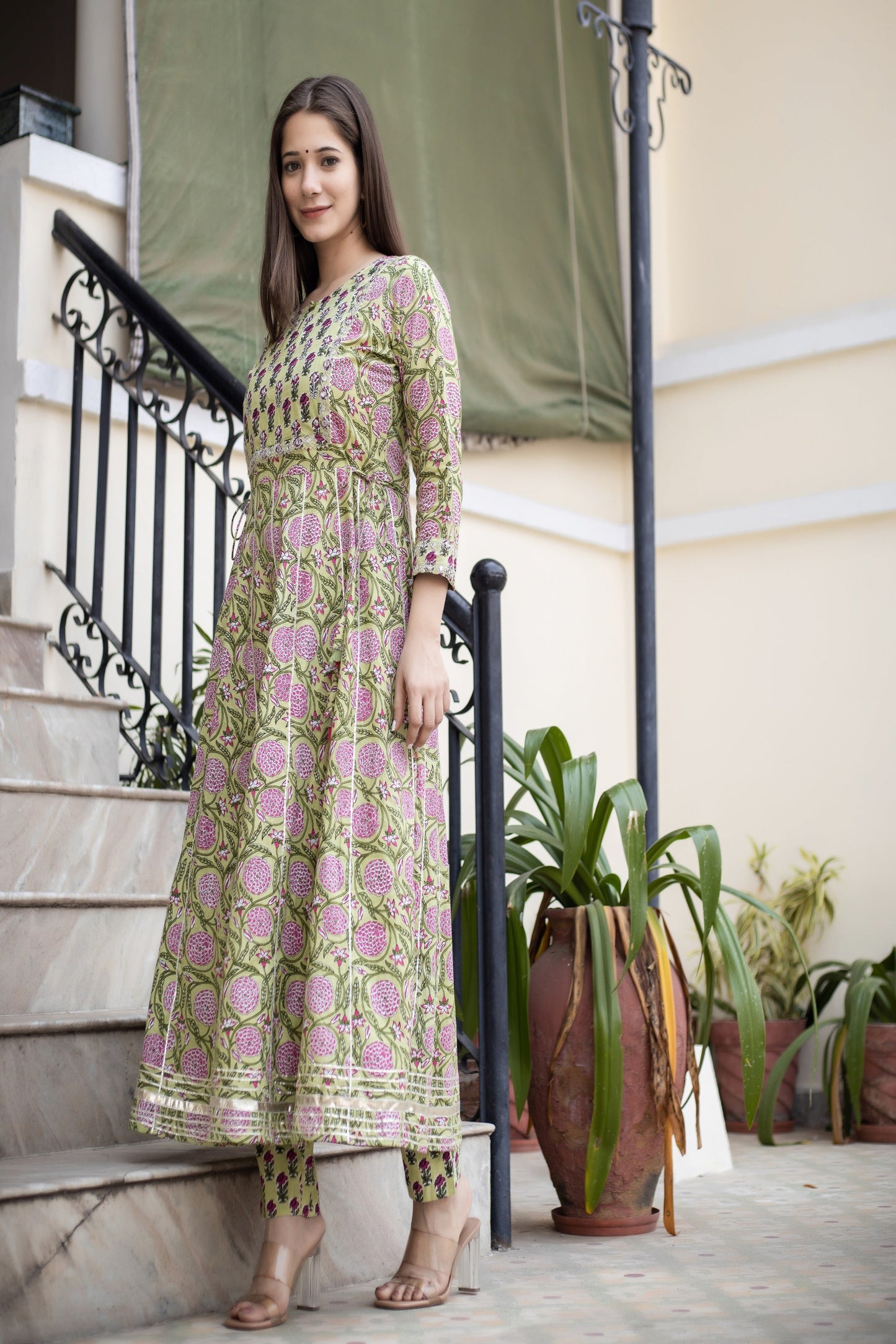 Women's Green Floral Anarkali Kurta Pant Set