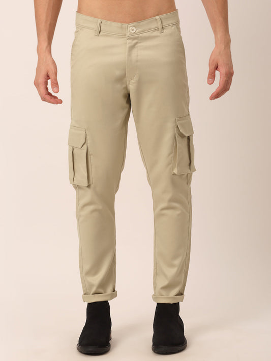 Men's Casual Cotton Solid Cargo Pants ( KGP 154 Cream )