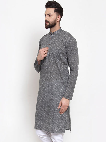 Men's  Grey Printed Straight Kurta