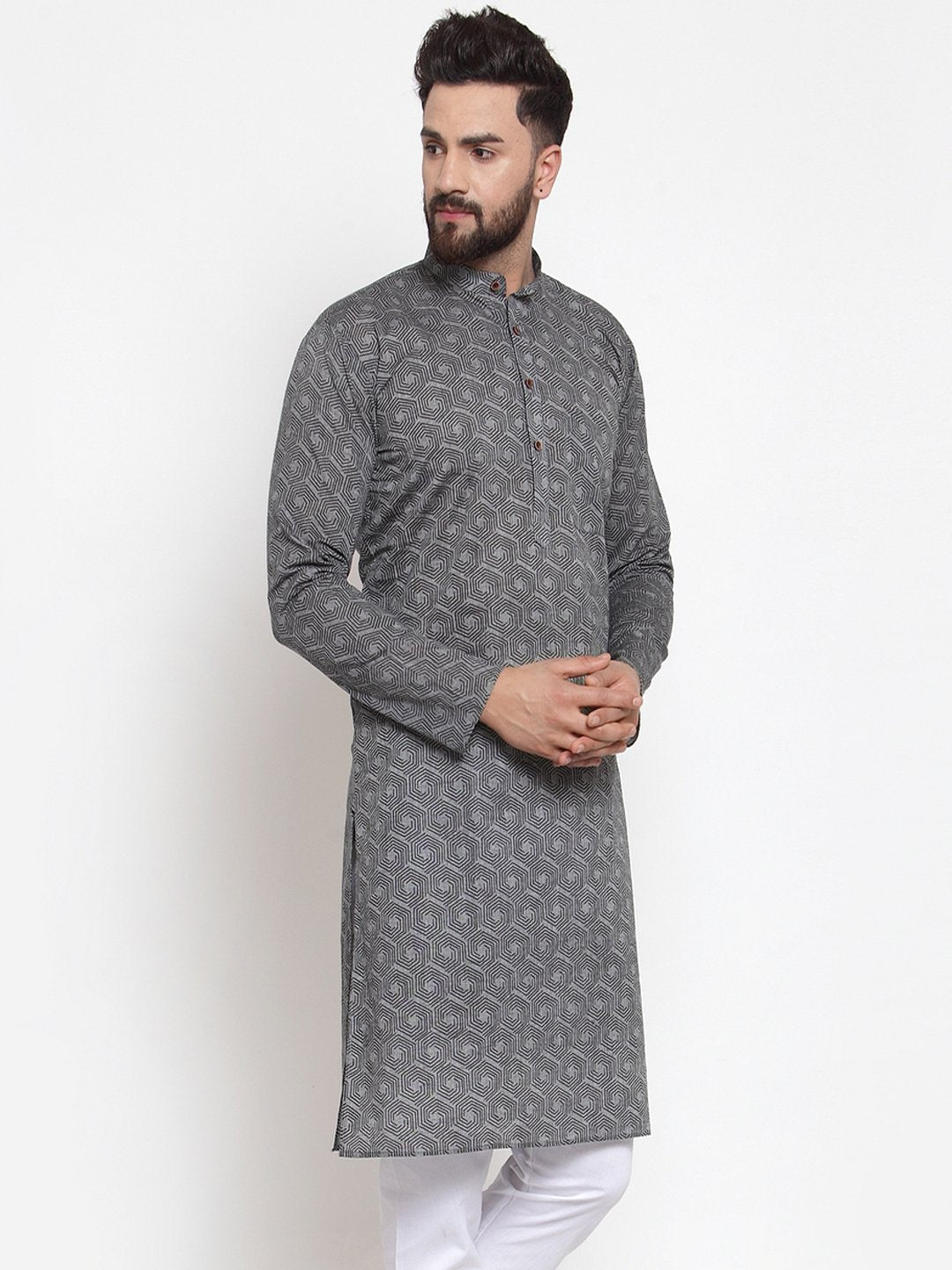 Men's  Grey Printed Straight Kurta