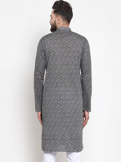 Men's  Grey Printed Straight Kurta