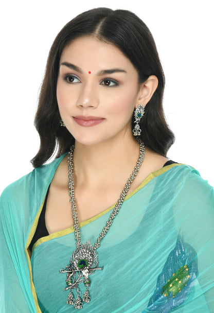 Trendia Traditional Silver plated Krishna Flute Design Necklace with Earrings Set Jkms_052