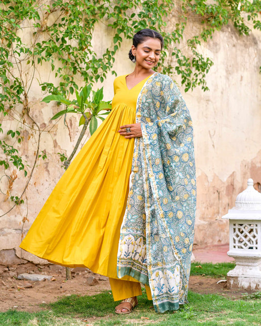 Women Mustard Yellow Cotton Anarkali Kurta with Pants & Dupatta (3pcs Set)