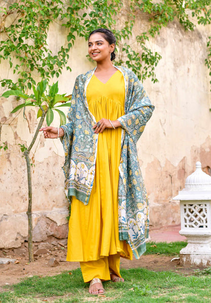 Women Mustard Yellow Cotton Anarkali Kurta with Pants & Dupatta (3pcs Set)