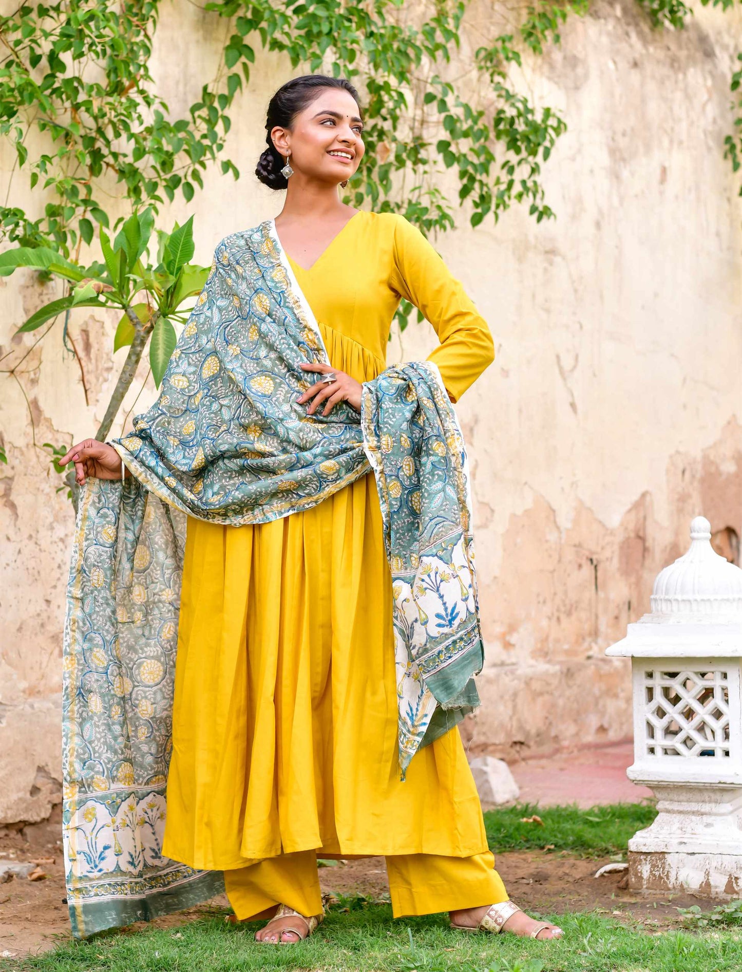 Women Mustard Yellow Cotton Anarkali Kurta with Pants & Dupatta (3pcs Set)