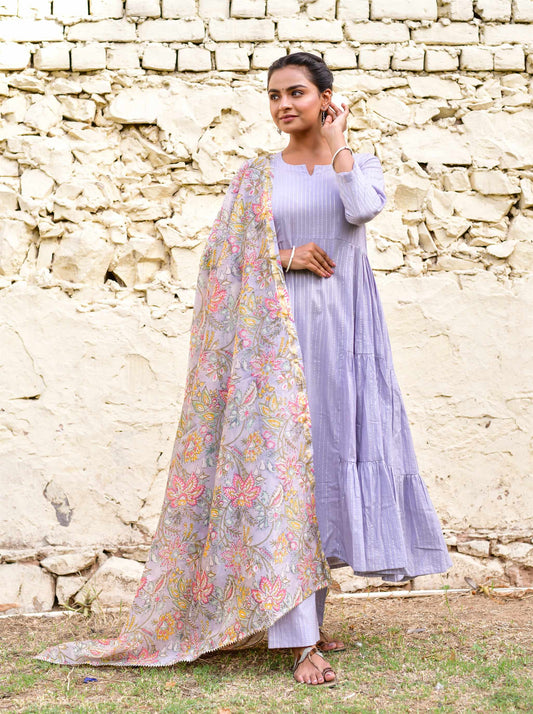 Women's Lilac Cotton Lurex Anarkali