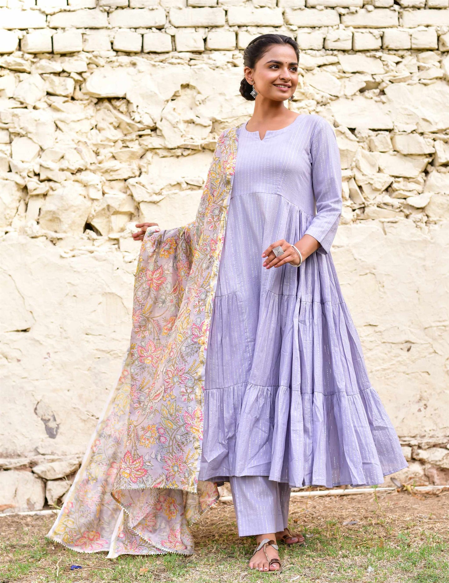 Women's Lilac Cotton Lurex Anarkali