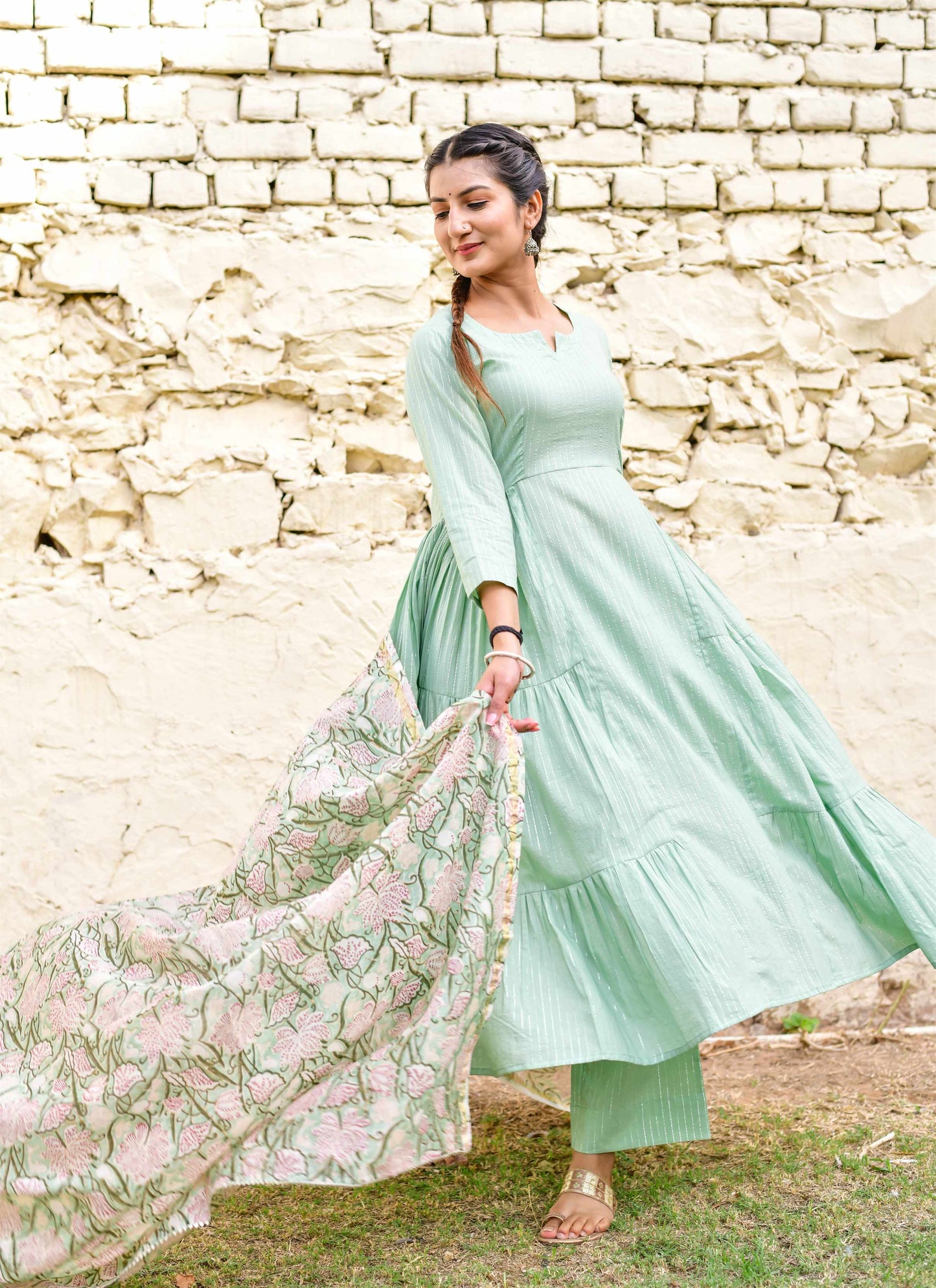 Women's Apple Green Lurex Anarkali