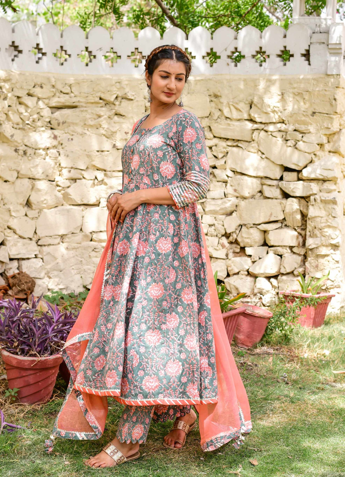 Women's Dusty Green and Peach Kalidar Suit set