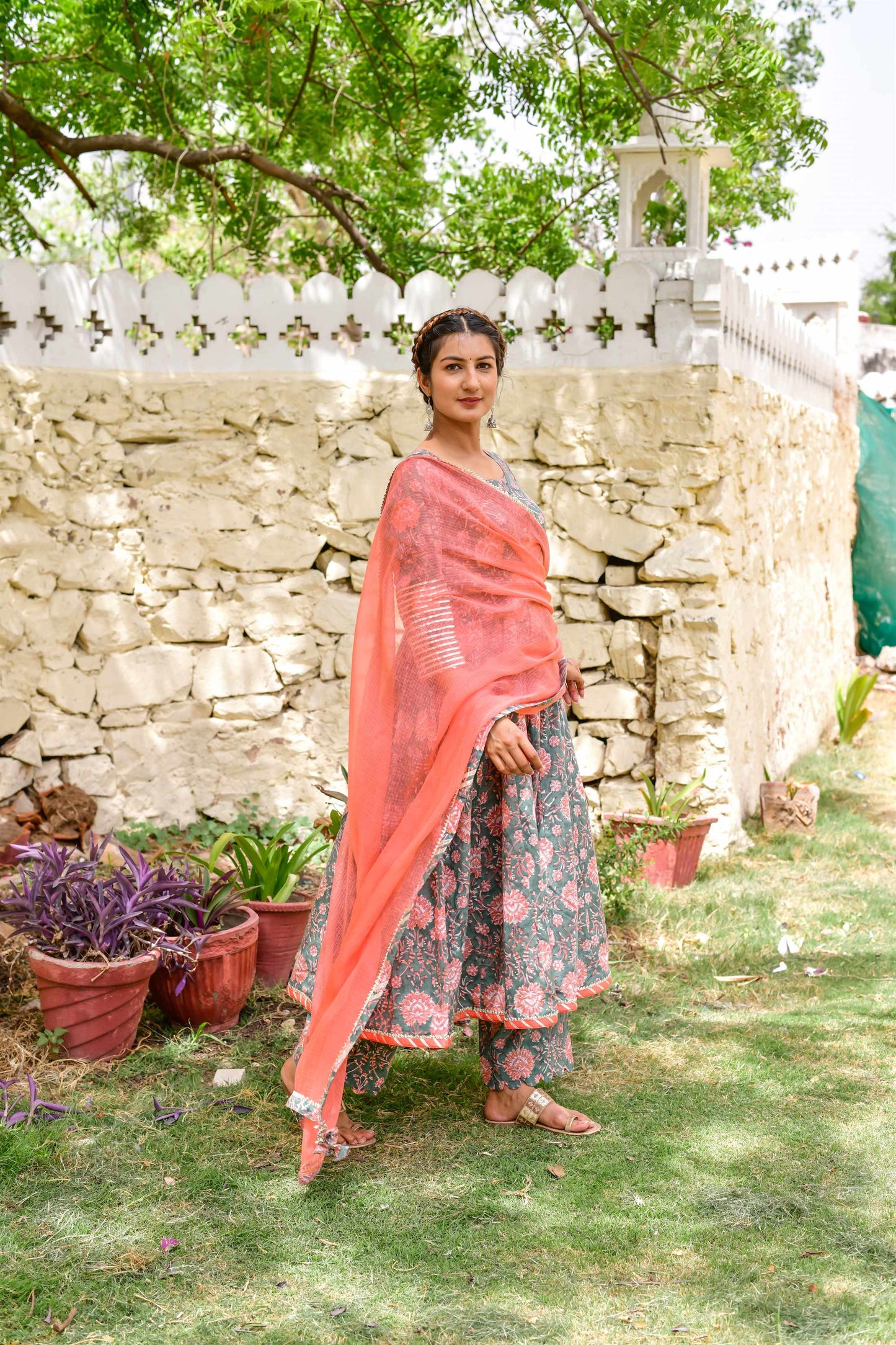 Women's Dusty Green and Peach Kalidar Suit set