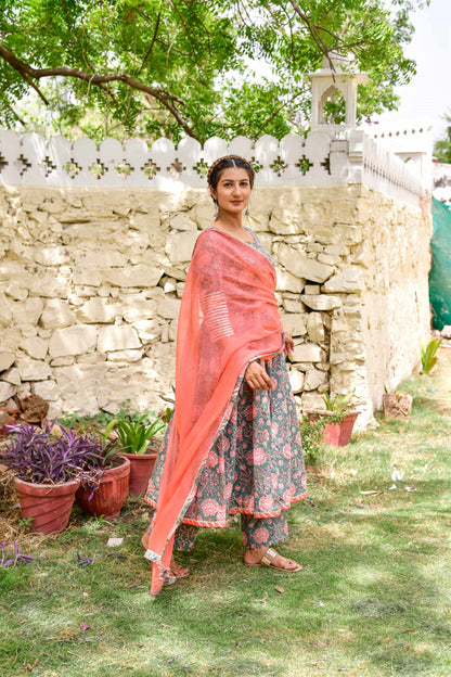 Women's Dusty Green and Peach Kalidar Suit set