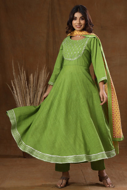 Women's Green Mirror Embroidery Anarkali Suit Set