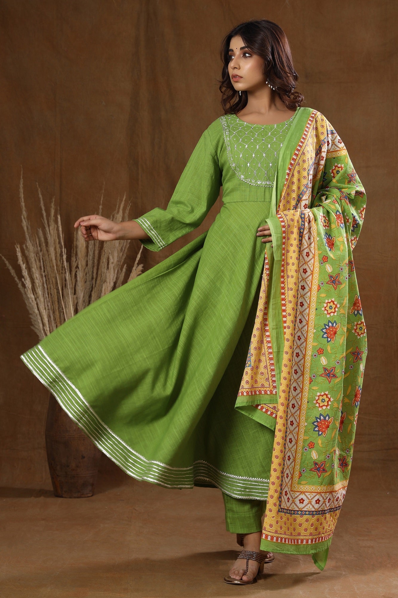 Women's Green Mirror Embroidery Anarkali Suit Set