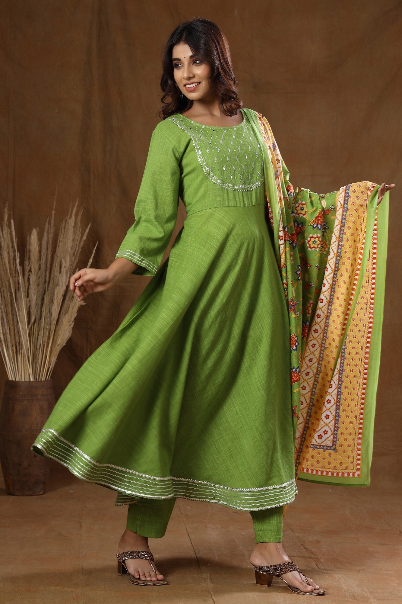 Women's Green Mirror Embroidery Anarkali Suit Set