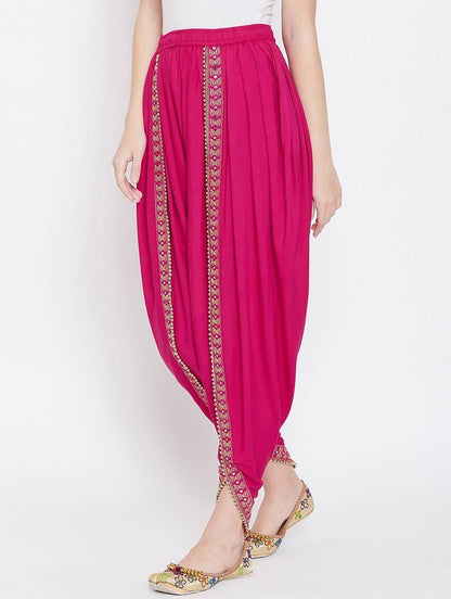 Women's Raani Pink Viscose Rayon Dhoti With Golden Lace