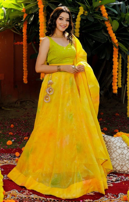 Women's Yellow Traditional Semi-Stitched Lehenga- (3pc)