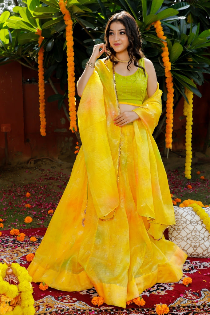 Women's Yellow Traditional Semi-Stitched Lehenga- (3pc)