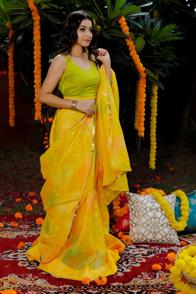 Women's Yellow Traditional Semi-Stitched Lehenga- (3pc)