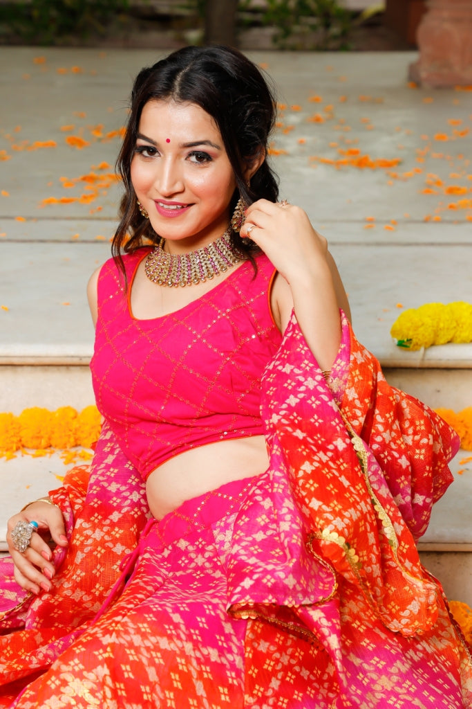 Women's Pink Traditional Semi-Stitched Lehenga- (3pc)