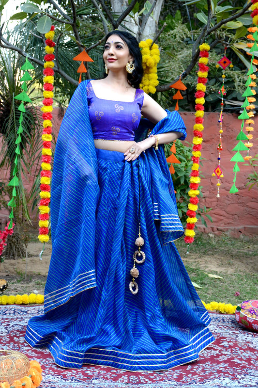 Women's Blue Striped Lehenga & Dupatta with Unstitched Blouse