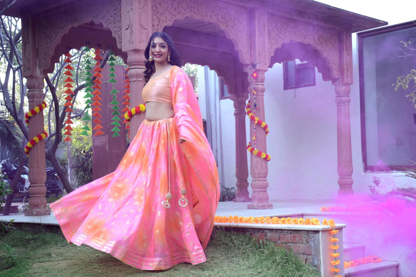 Women's Pink-Orange Shaded Lehenga & Dupatta with Unstitched Blouse