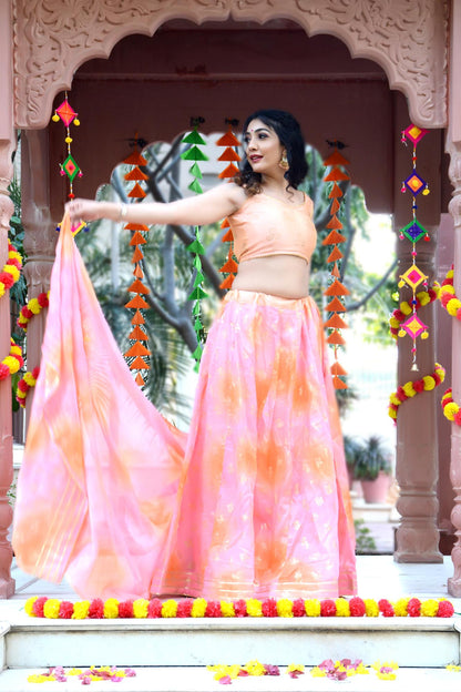 Women's Pink-Orange Shaded Lehenga & Dupatta with Unstitched Blouse