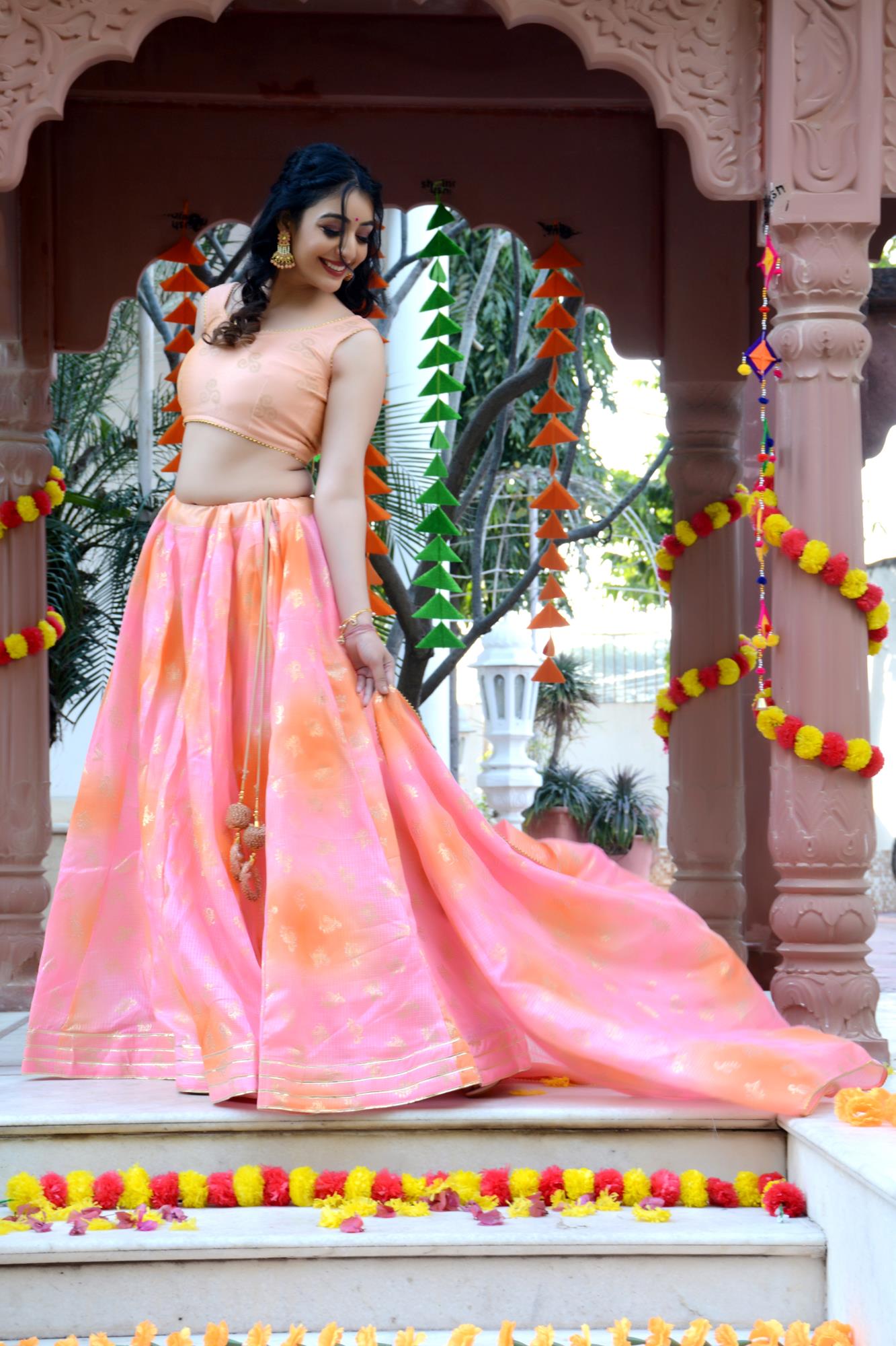 Women's Pink-Orange Shaded Lehenga & Dupatta with Unstitched Blouse