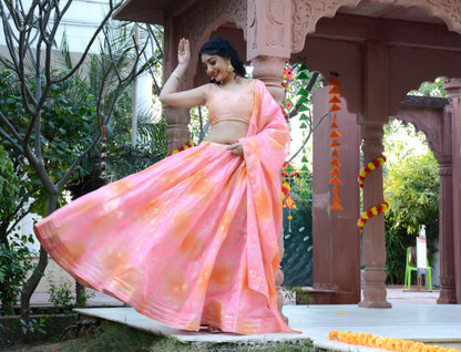 Women's Pink-Orange Shaded Lehenga & Dupatta with Unstitched Blouse