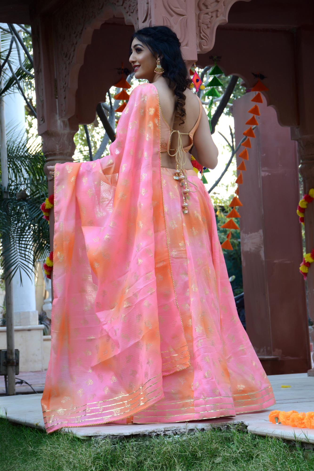 Women's Pink-Orange Shaded Lehenga & Dupatta with Unstitched Blouse