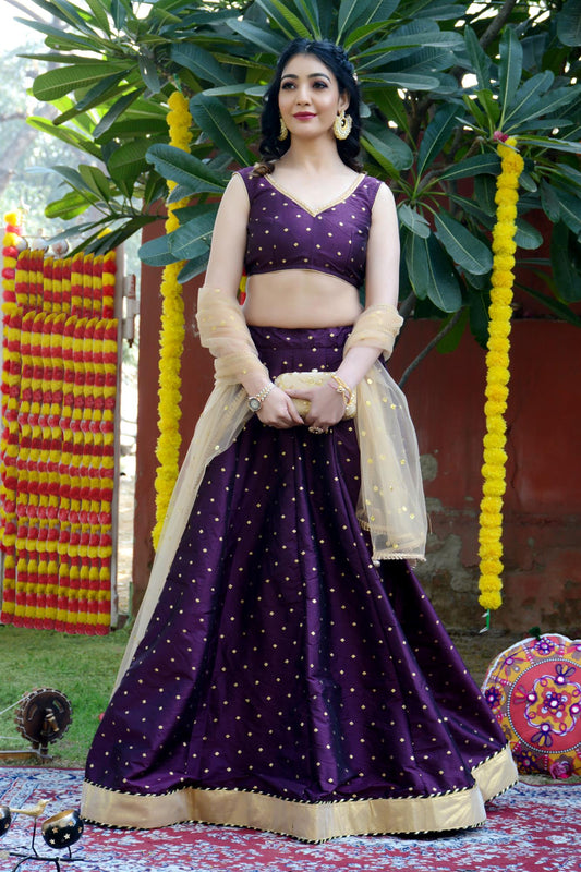 Women's Wine Silk Lehenga with Net Dupatta and Unstitched Blouse