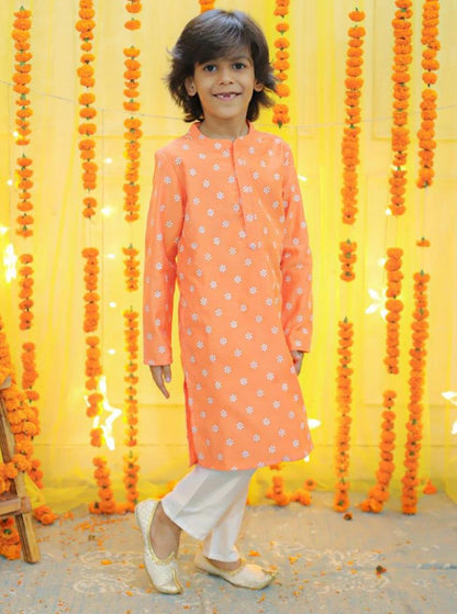 Boy's chanderi block print with glitter kurta with pyjama set-Peach - Lil Peacock