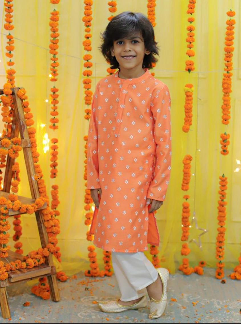 Boy's chanderi block print with glitter kurta with pyjama set-Peach - Lil Peacock