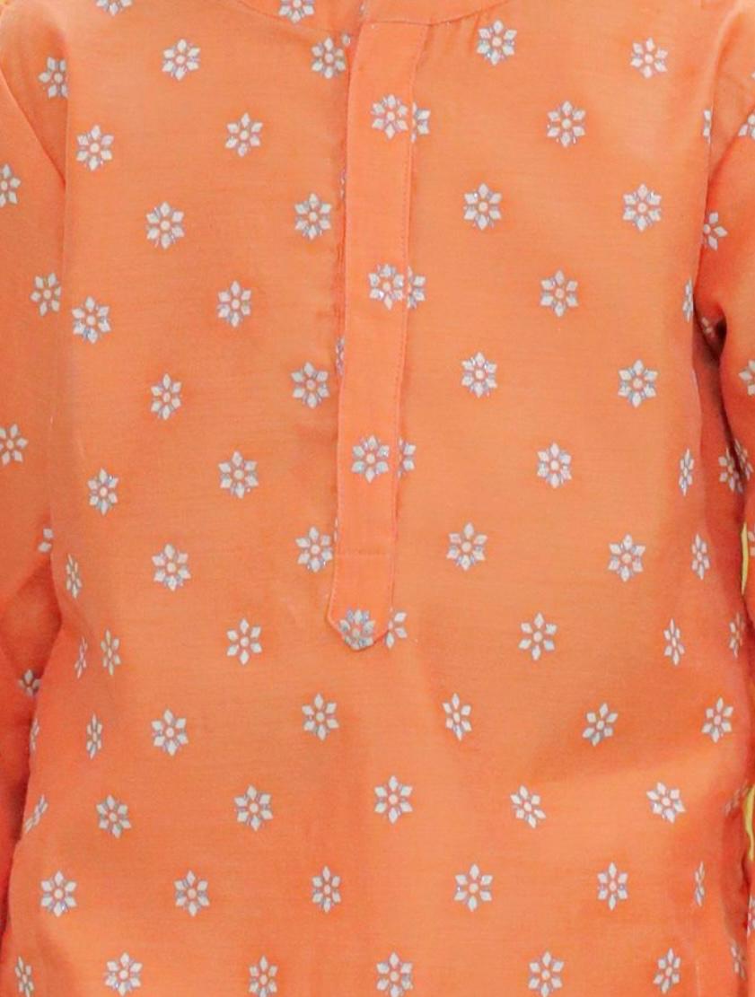 Boy's chanderi block print with glitter kurta with pyjama set-Peach - Lil Peacock