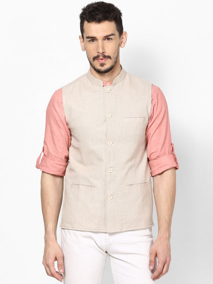 Men's Off White Linen Nehru Jacket