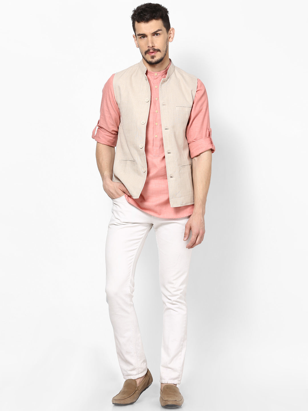 Men's Off White Linen Nehru Jacket