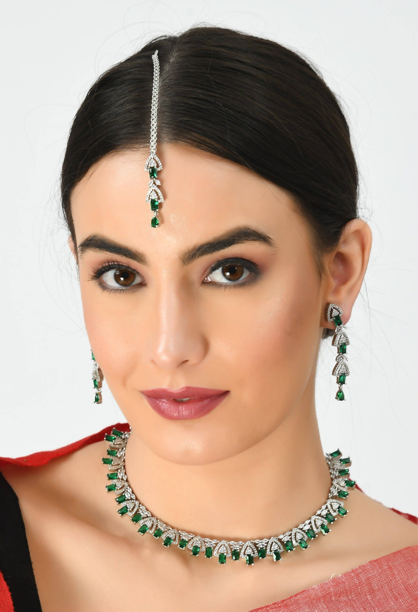 American Diamond Silver-Plated Green Ruby Jewellery Set Jkms_027