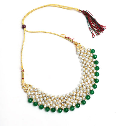 Gold-Plated Rani Haar with Green and Off white Pearls Jewellery Set Jkms_031