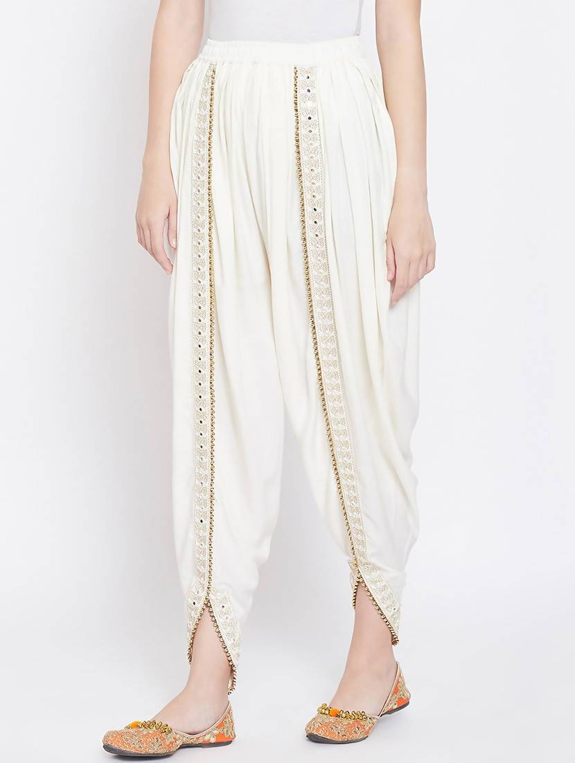 Women's White Viscose Rayon Dhoti With Golden Lace