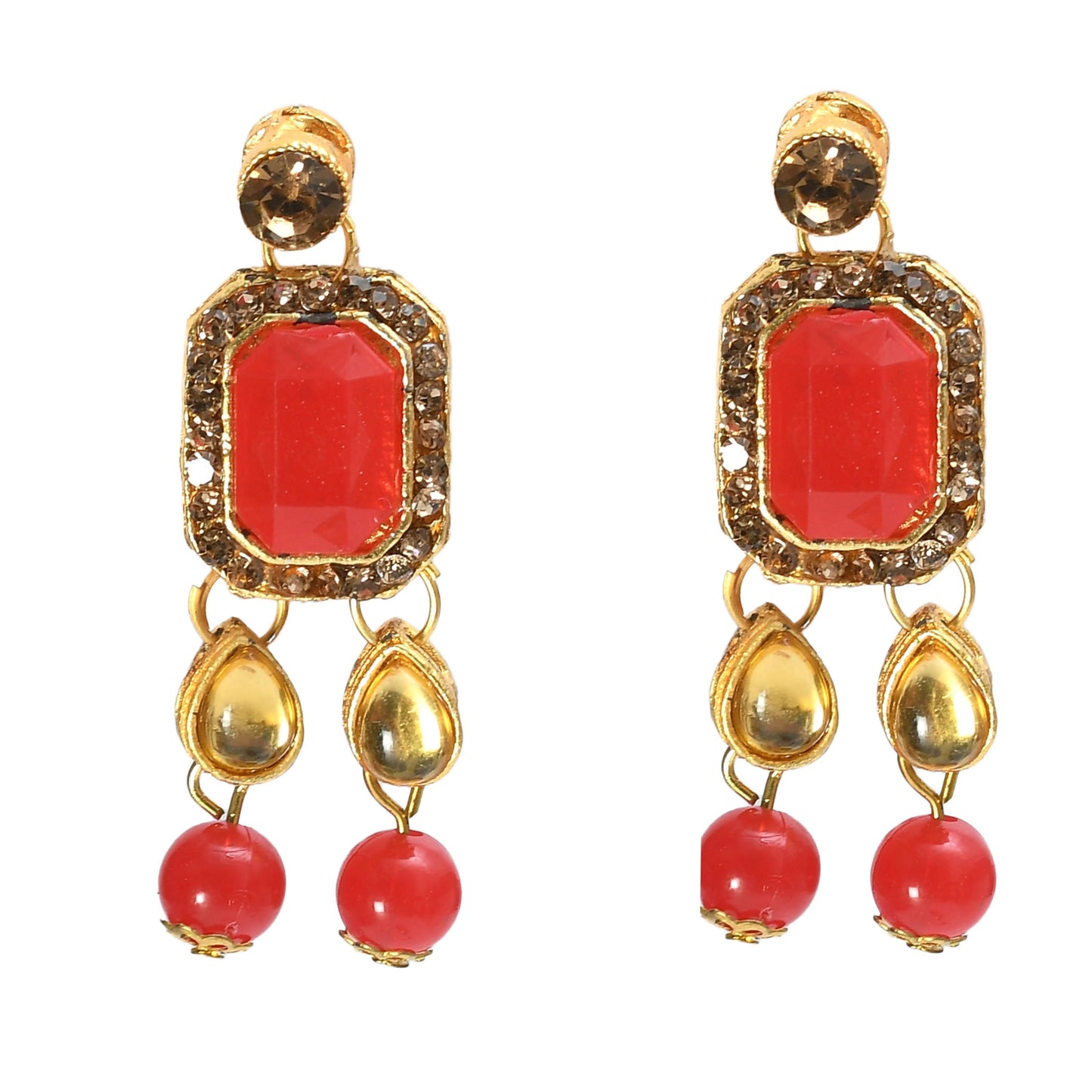 Gold-Plated Red Color Stone & Pearls Necklace with Earrings ,Tikka Jkms_125